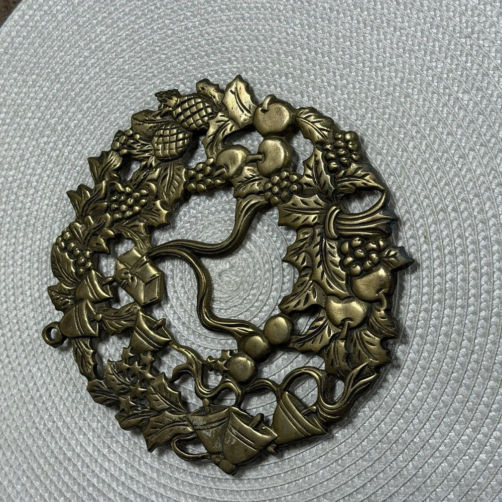 Vintage Brass Footed Christmas Themed Trivet Made‎ in Taiwan- Republic of China